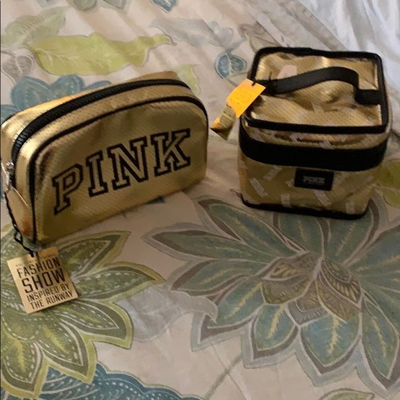 *BRAND NEW* PINK MAKEUP BAGS SET OF 2. GOLD/BLACK - Picture 1 of 2